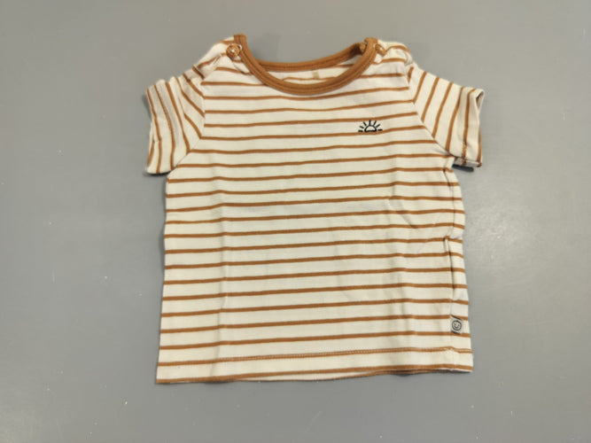 T-shirt m.c écru rayé brun, petit soleil. Légèrement  bouloché., moins cher chez Petit Kiwi