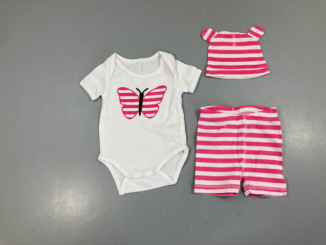 Ensemble Body m.c blanc papillon rose + Bonnet + legging, moins cher chez Petit Kiwi