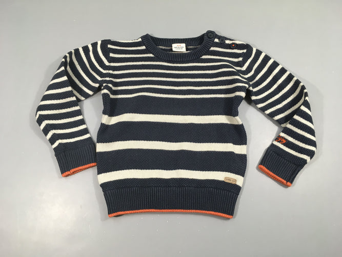 Pull texturé bleu foncé rayé blanc, un peu décoloré, moins cher chez Petit Kiwi