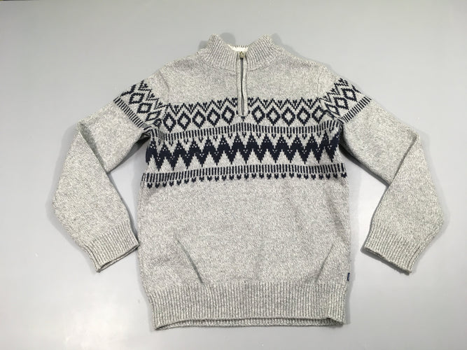 Pull gris chiné motifs bleu, 5% laine, moins cher chez Petit Kiwi