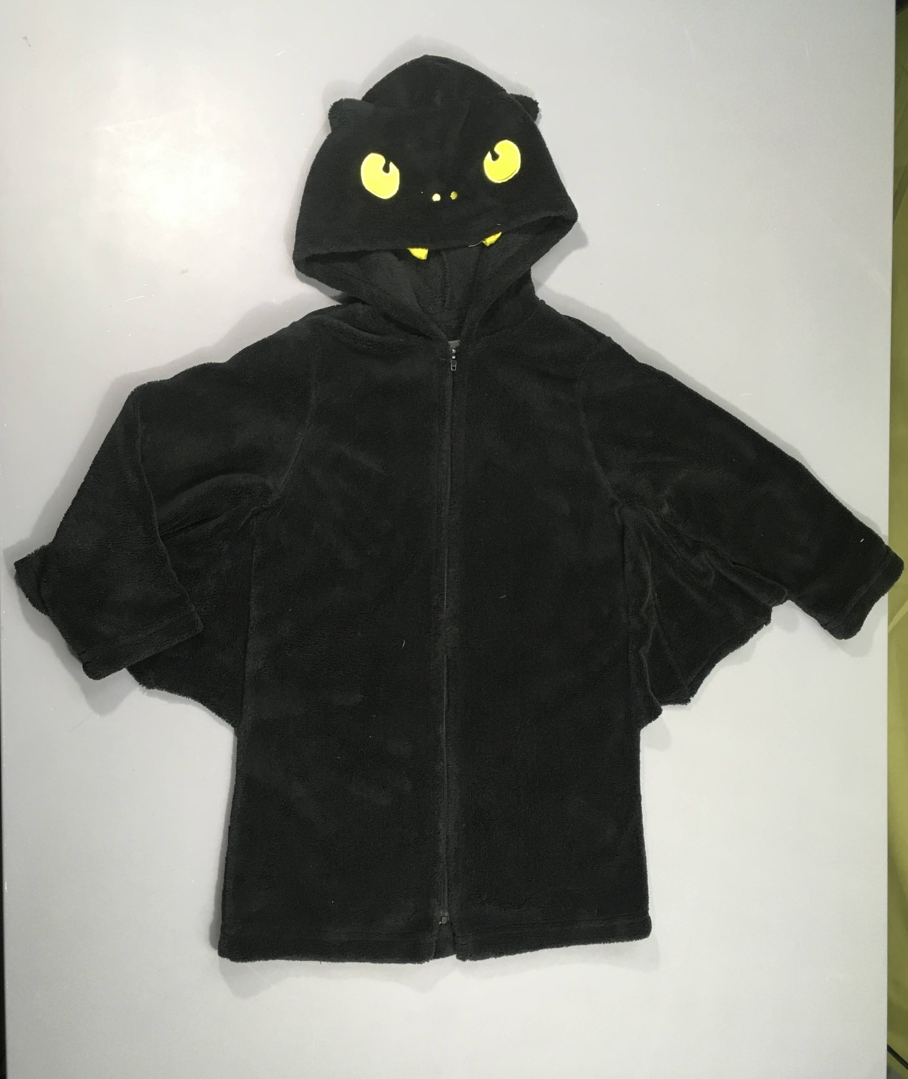 Peignoir zippé velours noir chauve-souris à capuche, Halloween