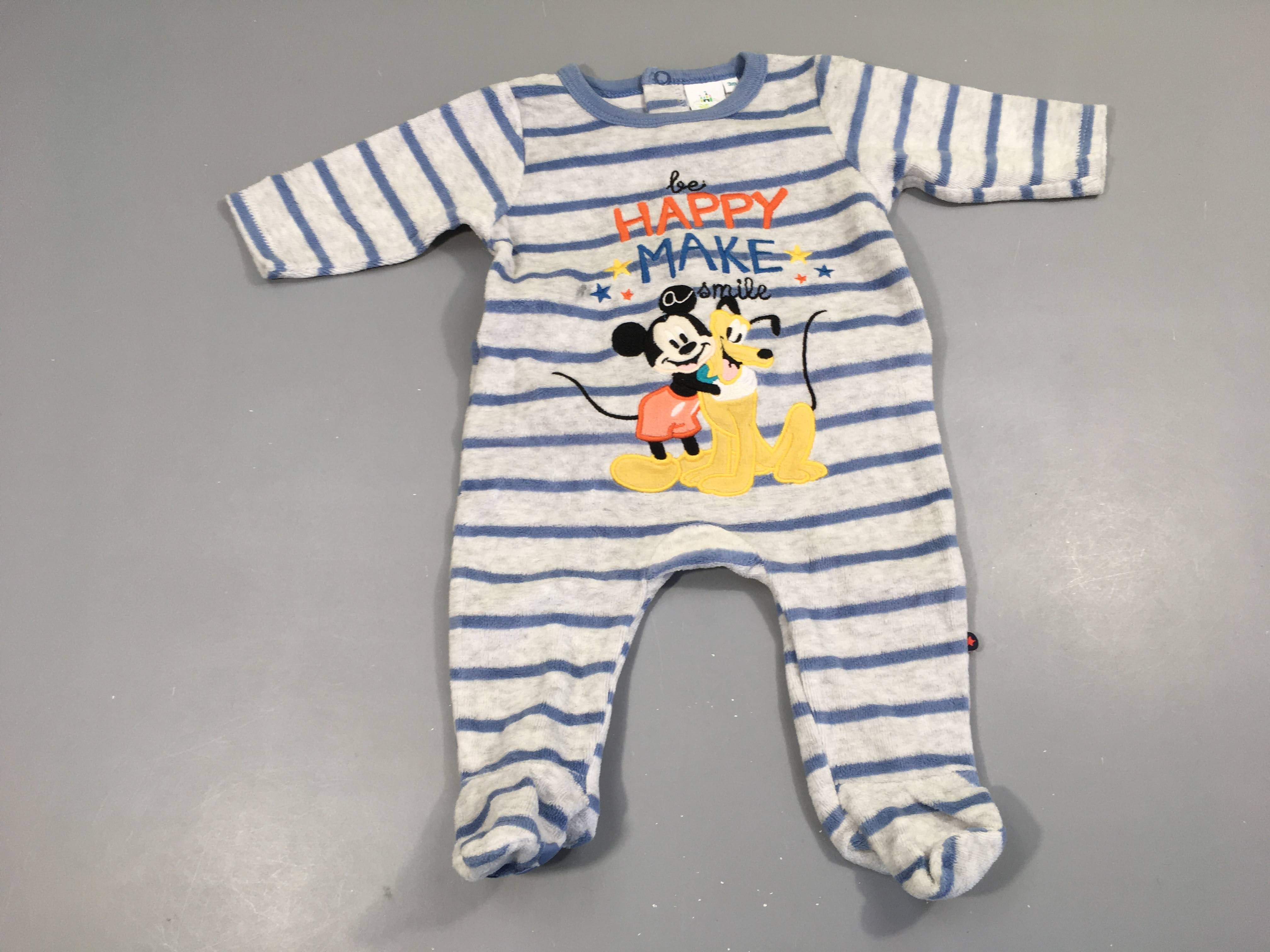 Pyjama velours ligné gris clair et bleu Mickey et Pluto, pieds anti dérapants