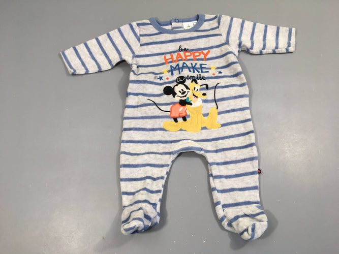 Pyjama velours ligné gris clair et bleu Mickey et Pluto, pieds anti dérapants, moins cher chez Petit Kiwi