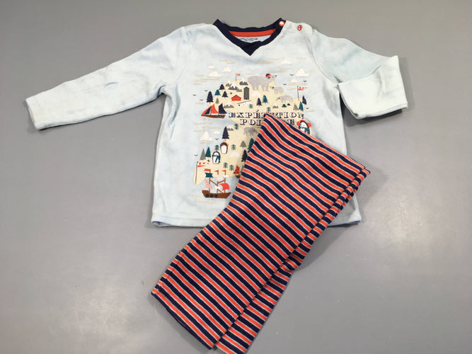 Pyjama 2pcs velours bleu clair expedition polaire flocage abimé,pantalon rayé bleu et rouge, moins cher chez Petit Kiwi