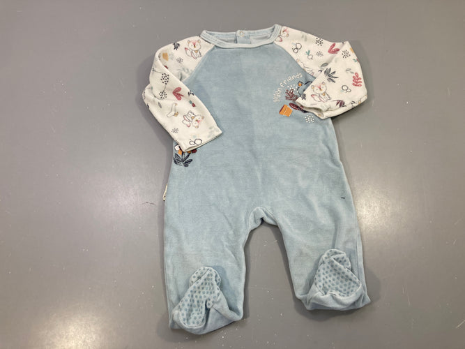Pyjama velours bleu ciel imprimé renards fleurs, moins cher chez Petit Kiwi
