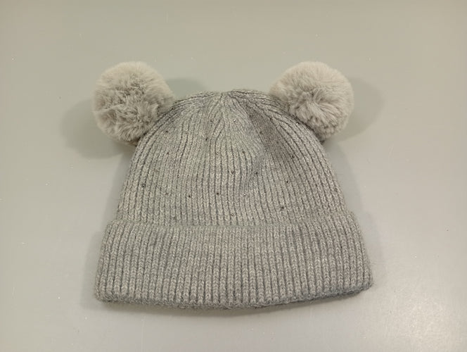 Bonnet gris avec strass, 2 pompons, moins cher chez Petit Kiwi