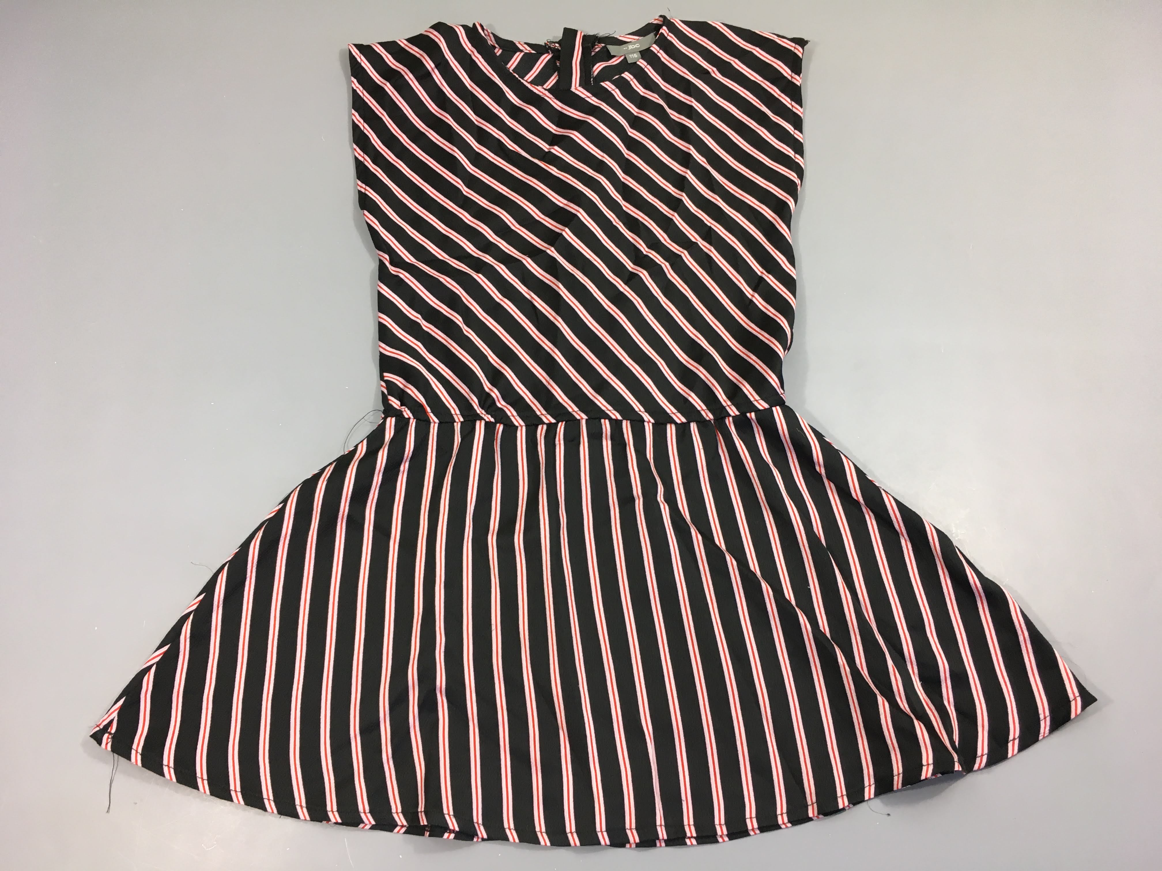 Robe s.m zippée dos, bleu foncé, rayures rose/rouge, jupe évasée