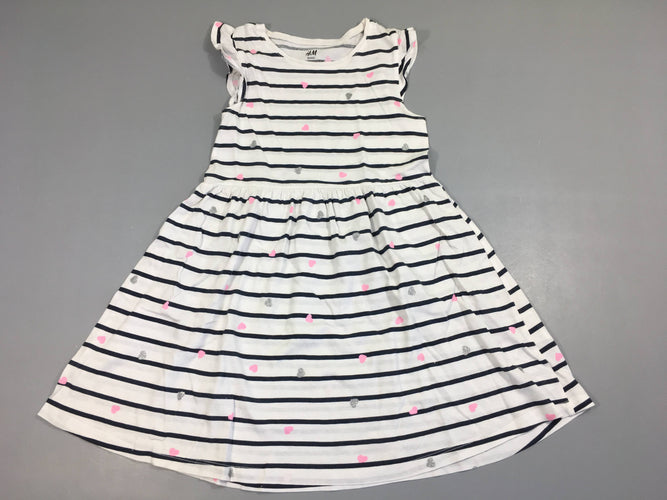Robe s.m avec volants jersey ligné bleu et blancavec coeurs rose et argent, moins cher chez Petit Kiwi