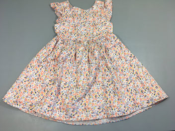 Robe s.m coton  avec volants blanc imprimé fleurs bleu,rose, jaune, dos ouvert, jupe évasée doublée