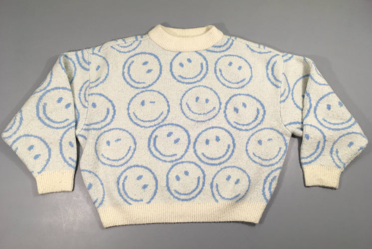Pull épais blanc s.miley bleu-Légèrement bouloché, moins cher chez Petit Kiwi