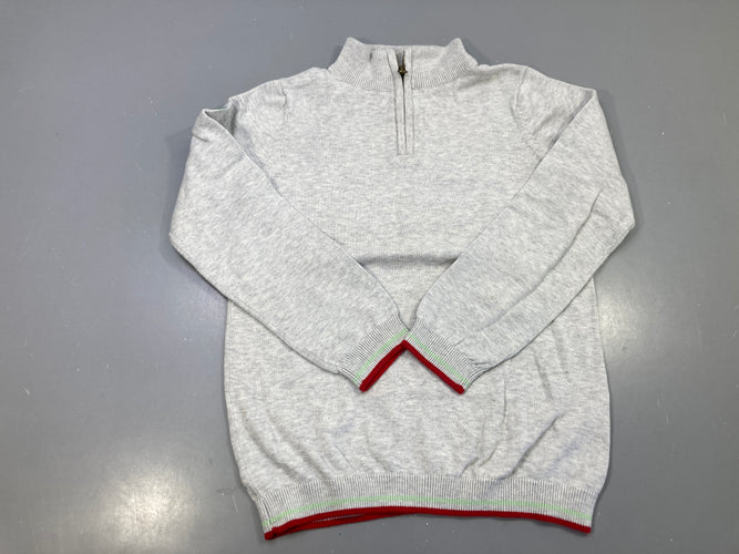 Pull col montant zippé gris chiné rayures rouge vert, moins cher chez Petit Kiwi