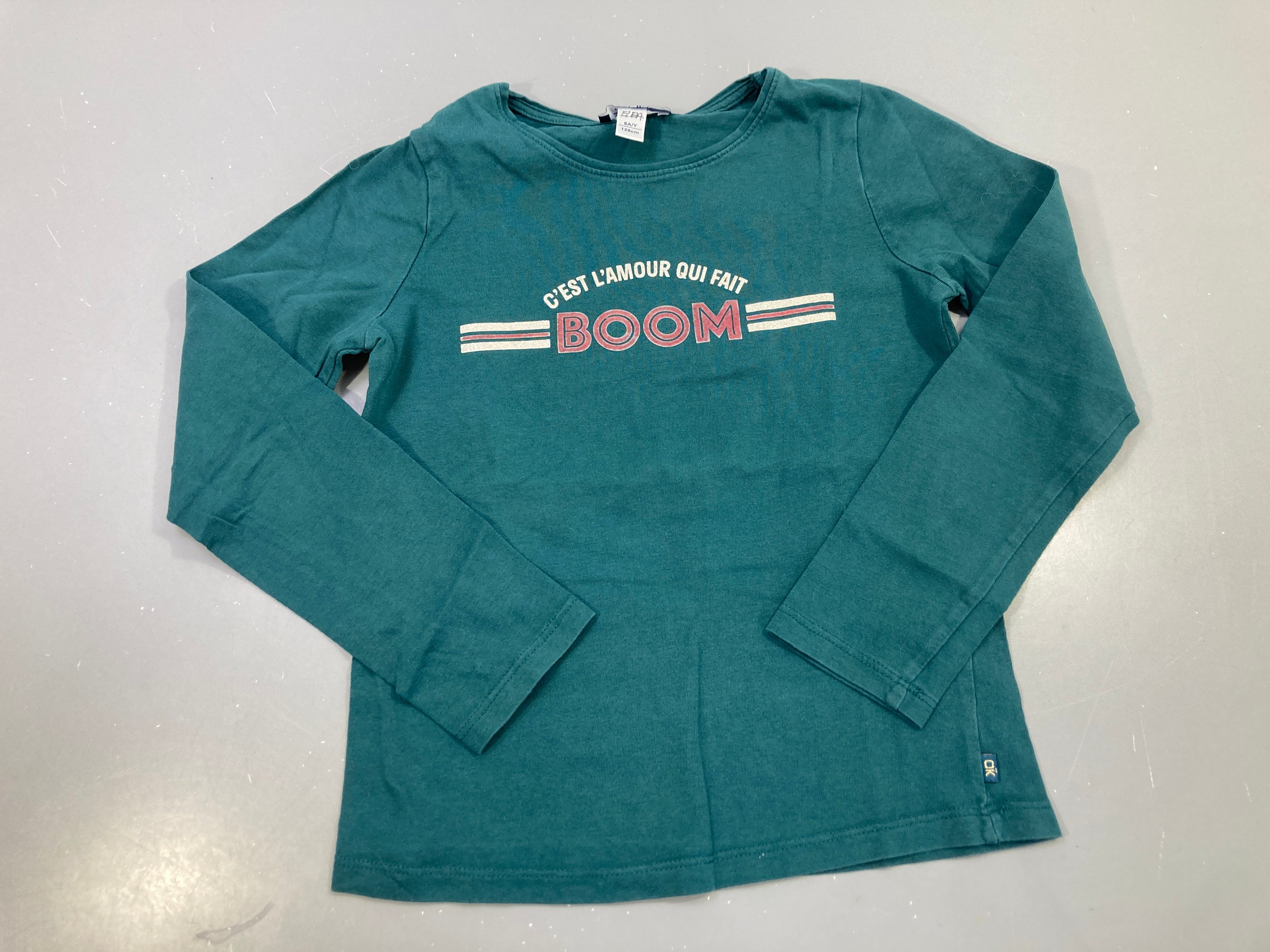 T-shirt m.l vert canard texte C'est l'amour qui fait Boom