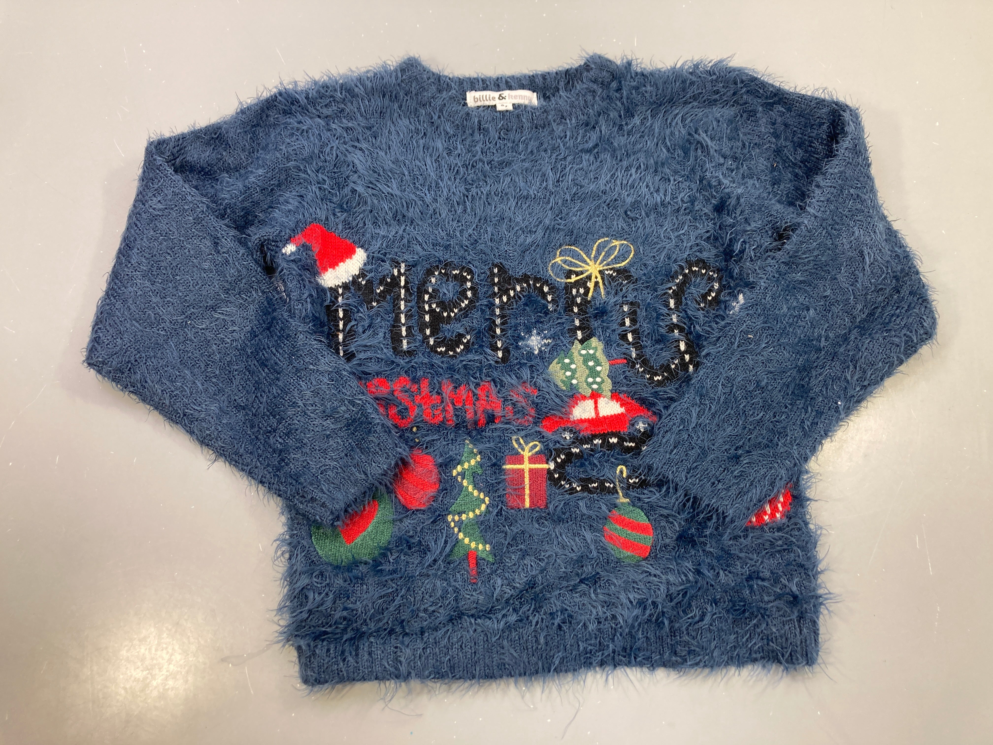 Pull duveteux bleu Merrayé Christmas, Billie & Kenny