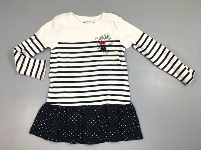 Robe m.l jersey écru rayé bleu foncé, bas bleu pois noeuds, moins cher chez Petit Kiwi