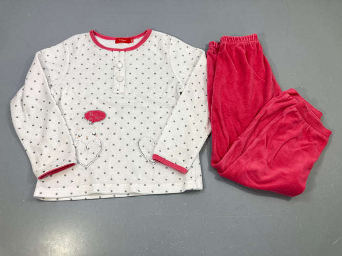 Pyjama 2pcs velours blanc pois, chat coeur framboise, moins cher chez Petit Kiwi