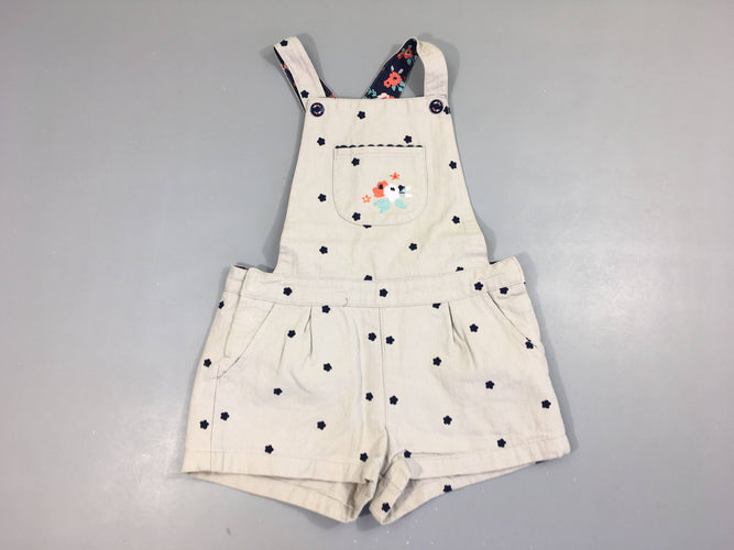 Salopette short gris clair broderies fleurs, légèrement souillé à l'arrière, moins cher chez Petit Kiwi