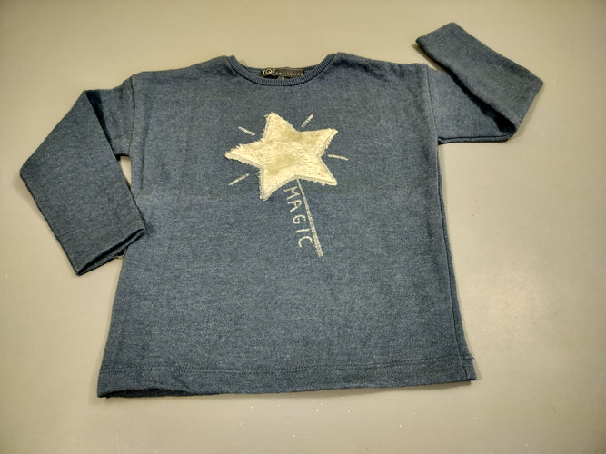 Pull bleu pailleté. Etoile velours grise, moins cher chez Petit Kiwi