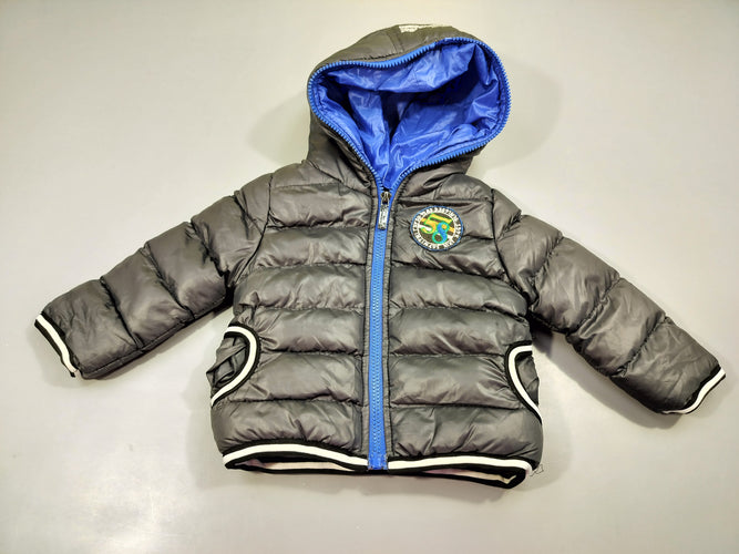 Veste zippée à capuche matelassée gris irrisé. zip bleu, intérieur polar, moins cher chez Petit Kiwi