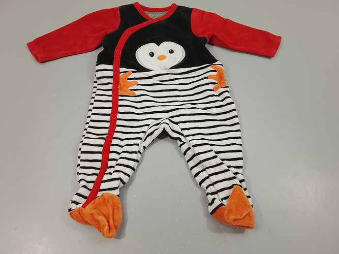 Pyjama velours bleu marine rouge pingouin, moins cher chez Petit Kiwi