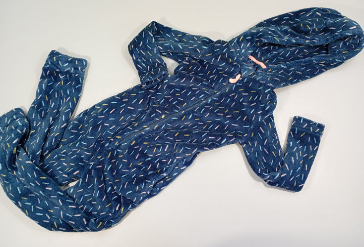 Surpyjama zippé à capuche bleu marine motifs traits rose, bleu, jaune, moins cher chez Petit Kiwi