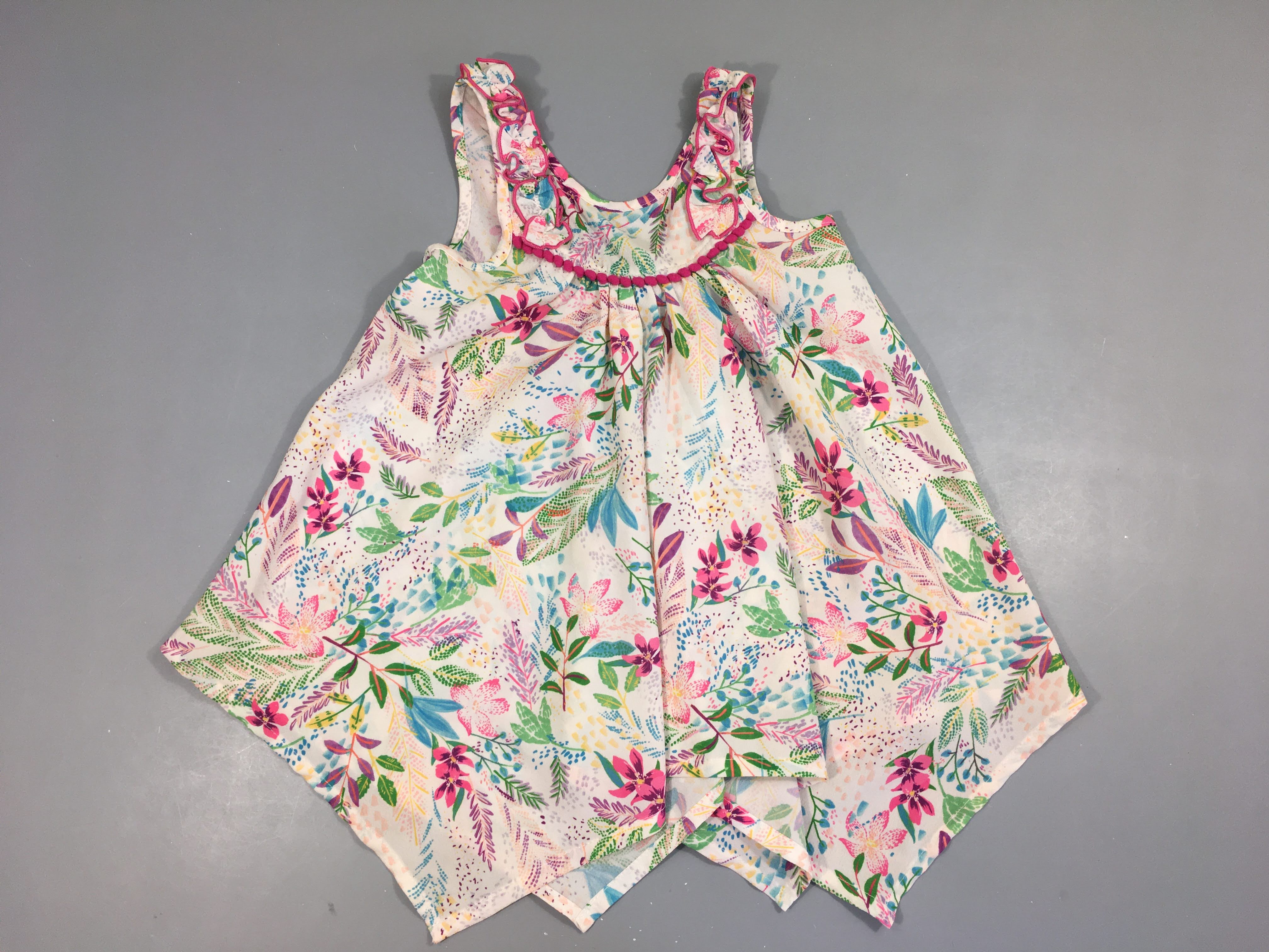 Blouse s.m écru fleurie pompons devant froufrous