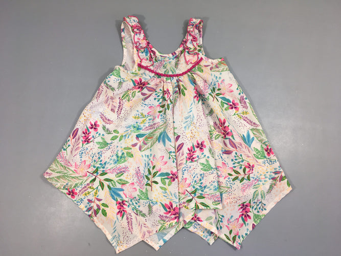 Blouse s.m écru fleurie pompons devant froufrous, moins cher chez Petit Kiwi