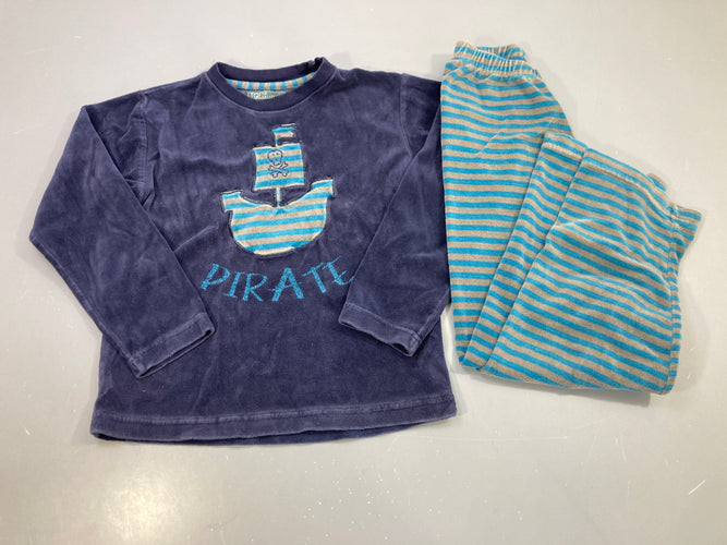 Pyjama 2pcs velours bleu marine et rayures bateau pirate, moins cher chez Petit Kiwi