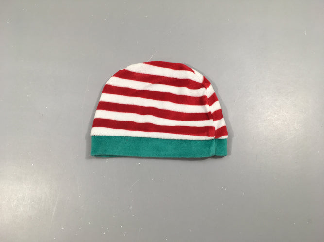 Bonnet velours rayé blanc-rouge bord vert, moins cher chez Petit Kiwi