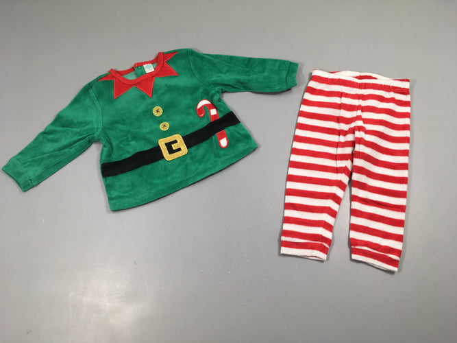 Pyjama 2pcs velours lutin Vert-rouge rayé blanc, moins cher chez Petit Kiwi