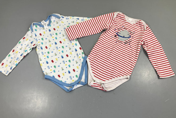 2 Bodies m.l blanc rayé rouge planète/ blanc/bleu, moins cher chez Petit Kiwi