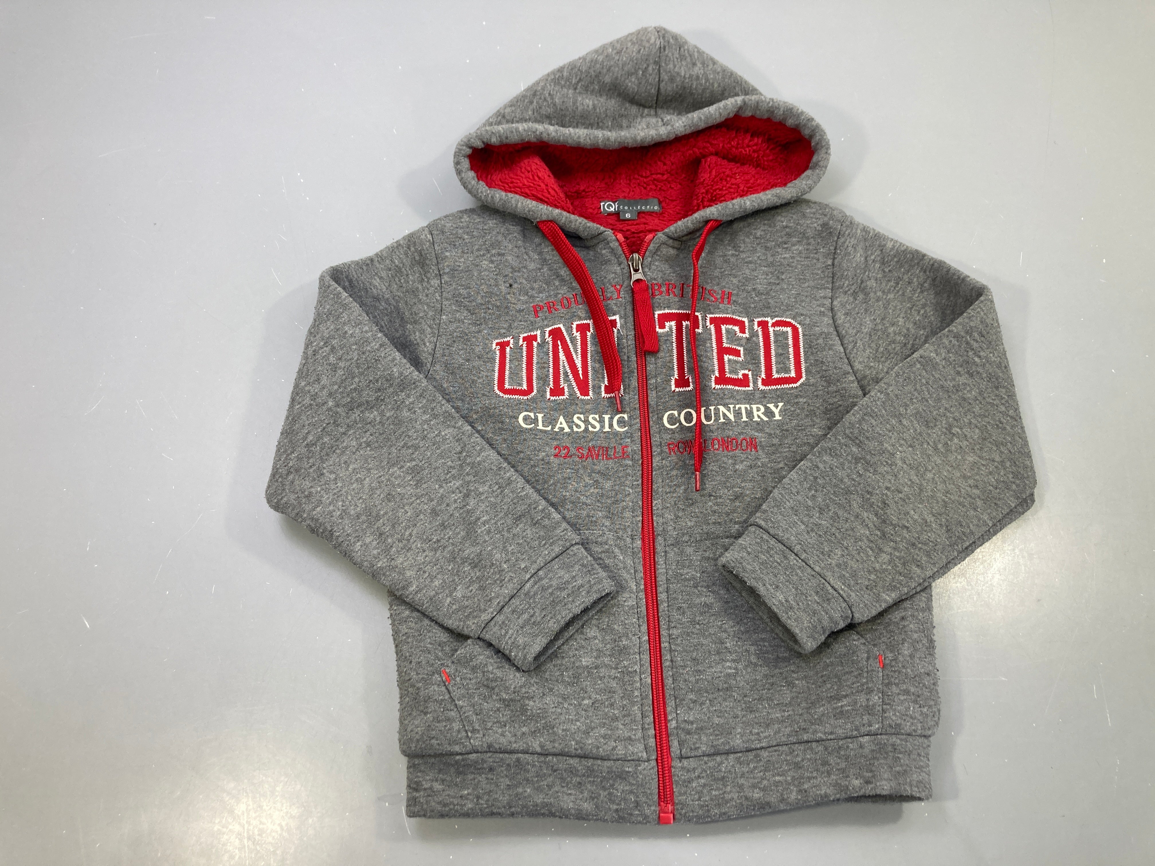 Sweat zippé capuche gris chiné, sherpa rouge Bouloché!