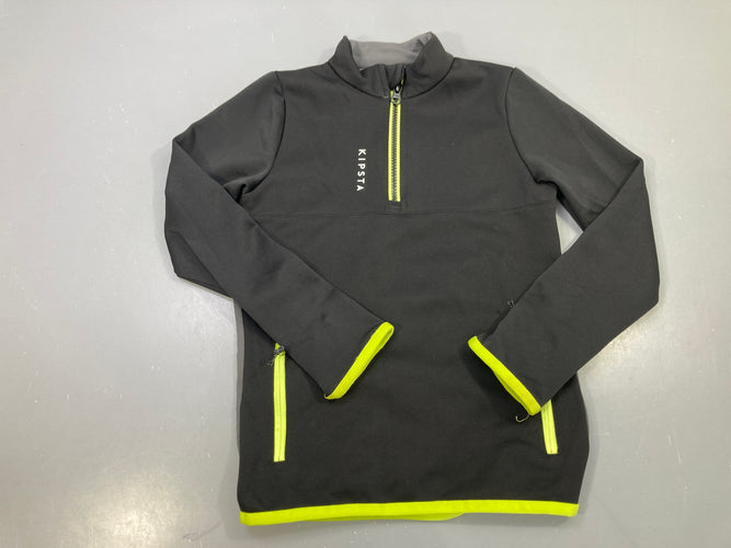 T-shirt m.l de sport noir bordures jaune fluo, col zippé, Kipsta, moins cher chez Petit Kiwi