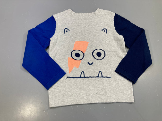 Pull gris chiné, manches bleues, motif monstre, moins cher chez Petit Kiwi