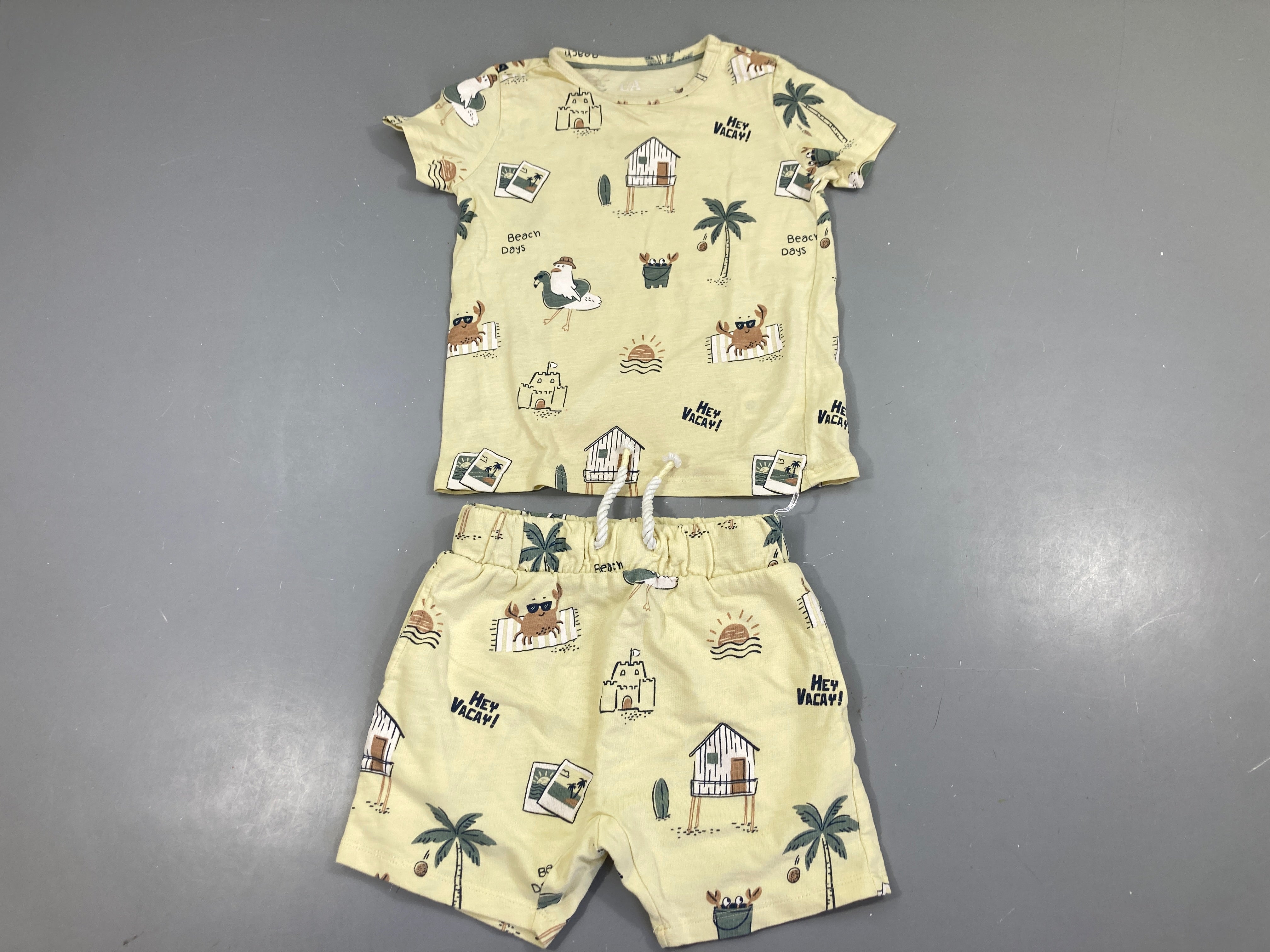 T-shirt m.c jaune motifs plage + short