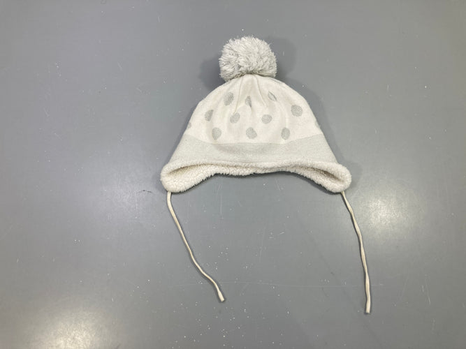 Bonnet blanc à pois, pompon, oreillettes  doublé sherpa 48 cm, moins cher chez Petit Kiwi