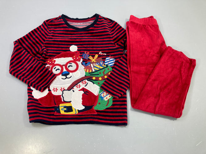 Pyjama 2pcs velours Noël rayé rouge marine, ours polaire cadeaux, moins cher chez Petit Kiwi