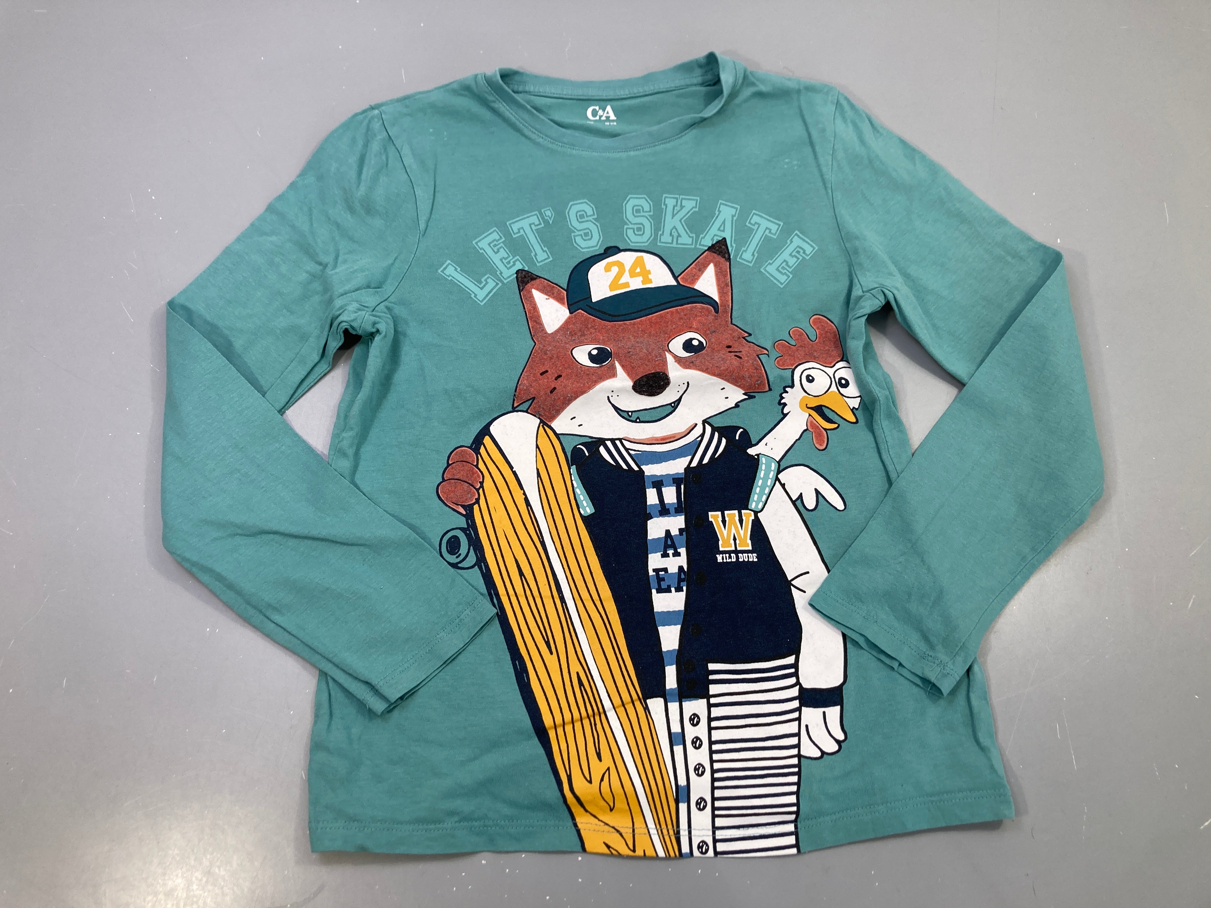 T-shirt m.l vert d'eau, renard skateboard, Let's Skate