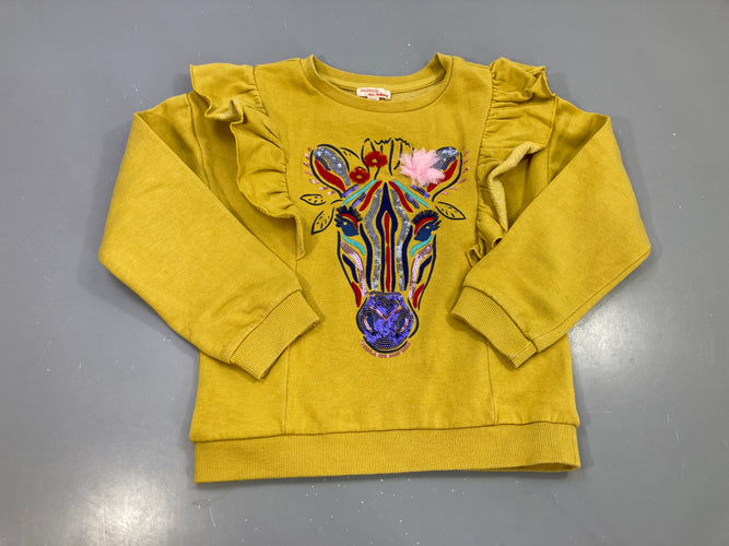 Sweat moutarde, tête de zèbre sequins, volants épaules Légèrement bouloché, moins cher chez Petit Kiwi
