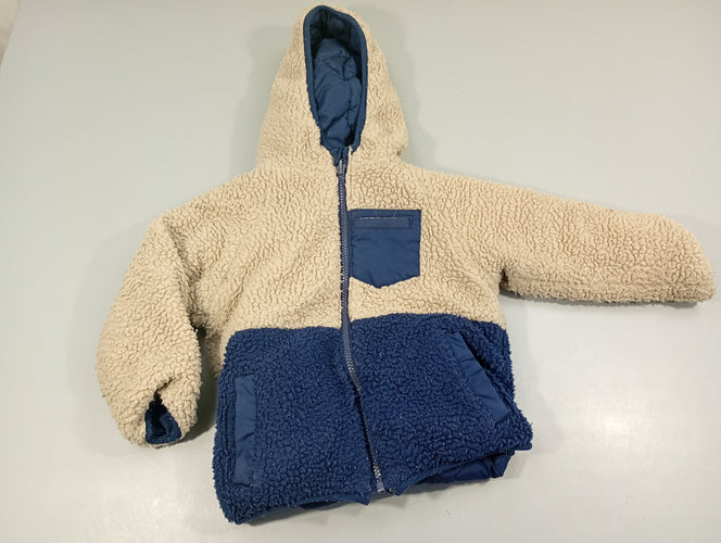Veste zippée à capuche  matelassée bleu marine/ moutonnée bleu marine,  beige, moins cher chez Petit Kiwi