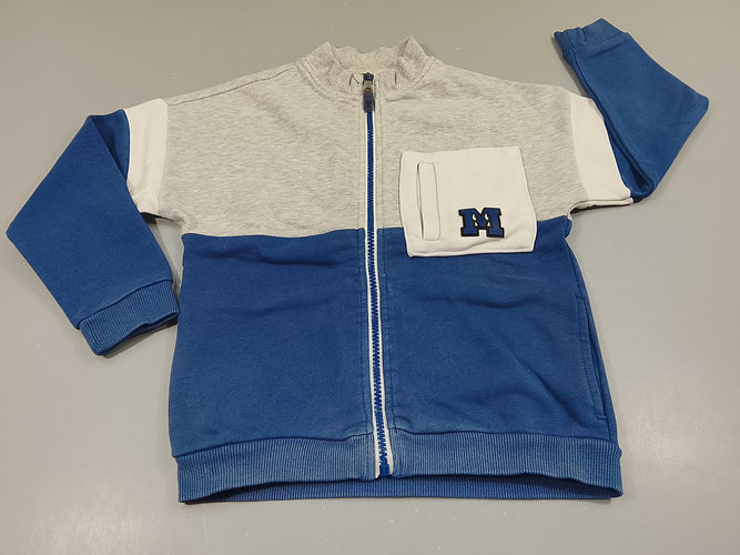 Sweat zippé gris clair flammé, bleu , poche blanche "M", légère décoloration sur le dessous, moins cher chez Petit Kiwi