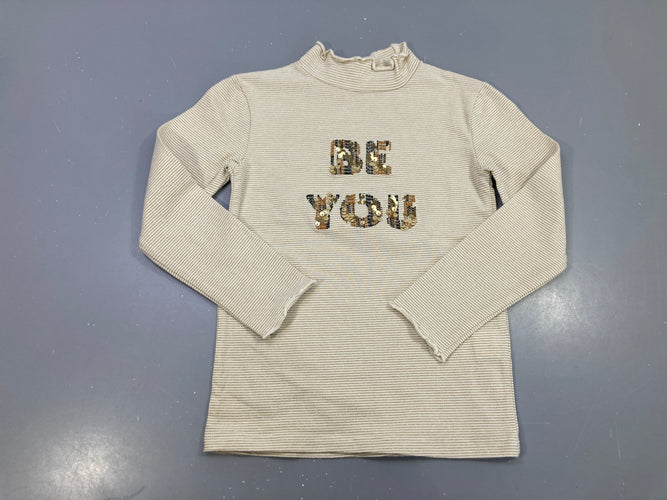 T-shirt m.l col montant écru rayé doré, BE YOU sequins, moins cher chez Petit Kiwi