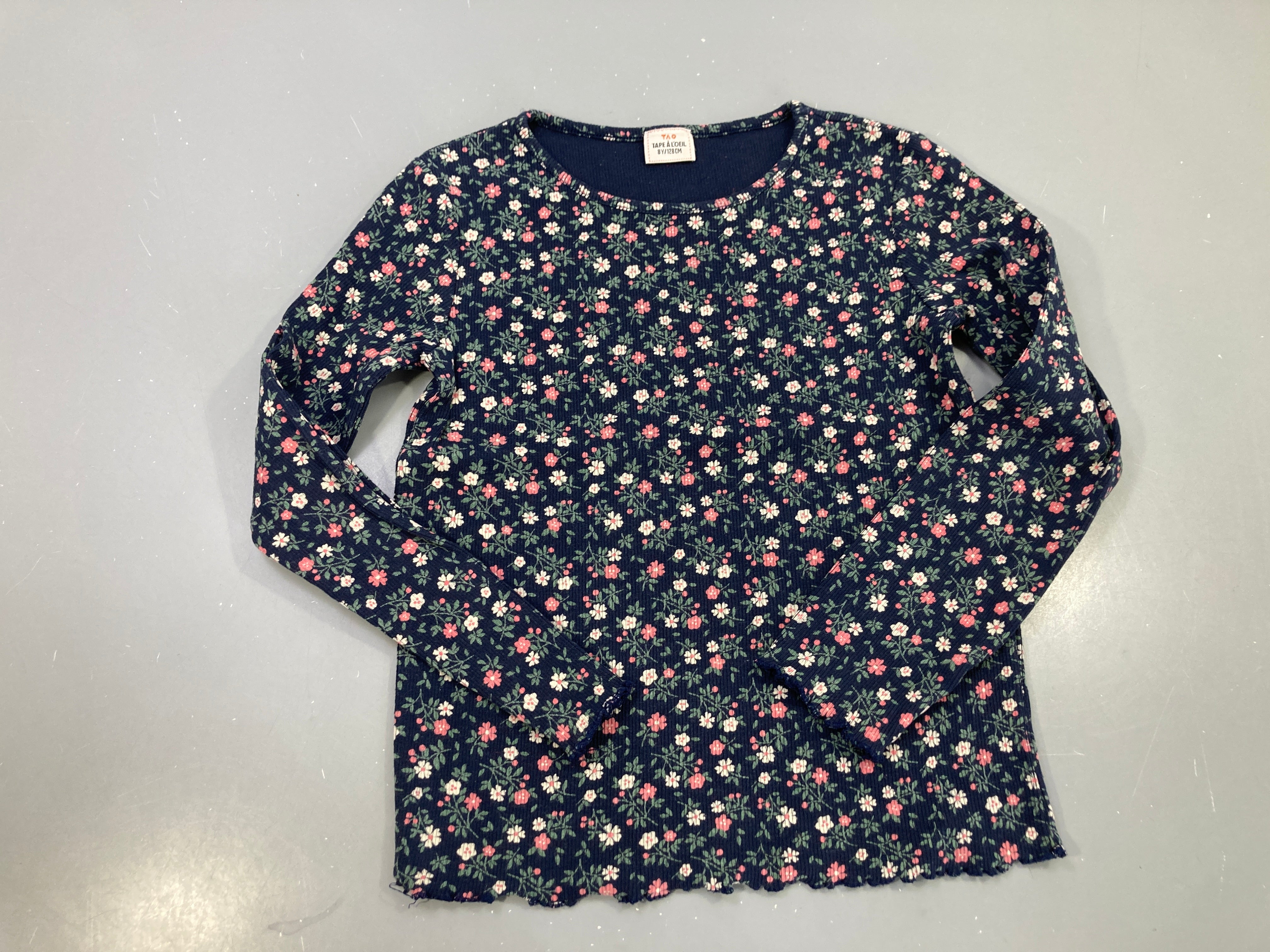 T-shirt m.l bleu marine fleuri rose et blanc, Tape à l'oeil