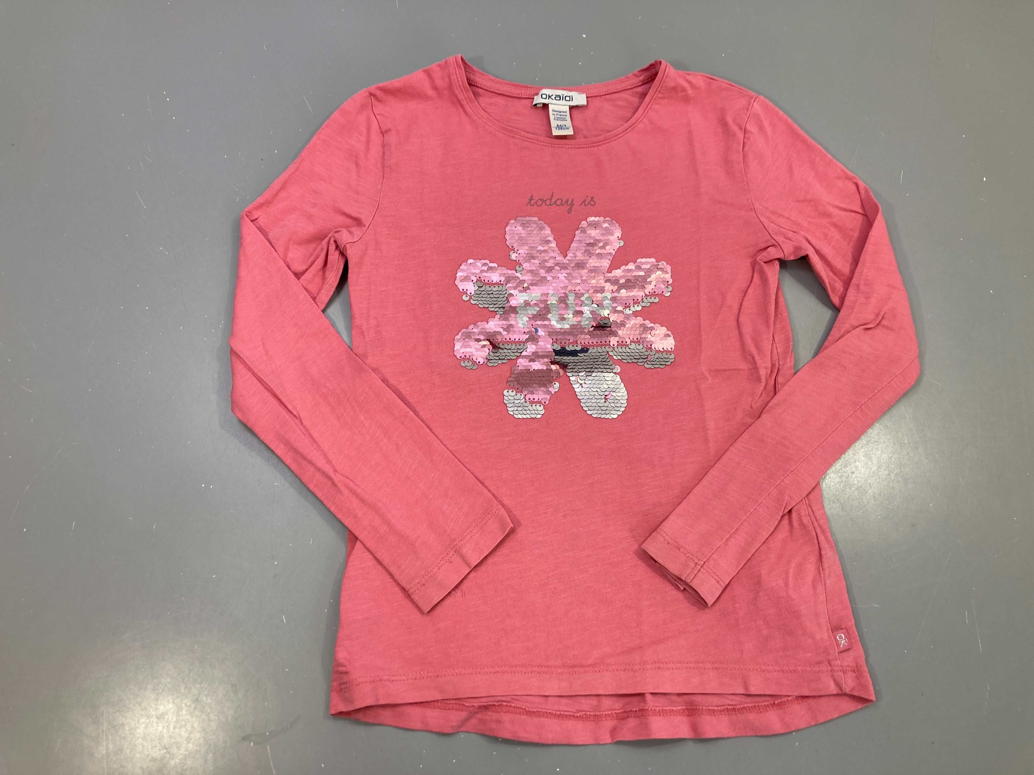T-shirt m.l rose flammé, fleur sequins FUN