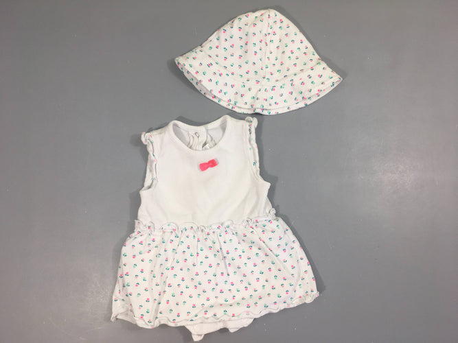 Robe s.m jersey blanc côtelé fleurie body intégré + chapeau, moins cher chez Petit Kiwi