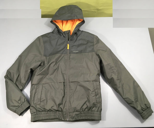 Veste ouatinée kaki/gris à capuche imperméable, SH100 x-warm, moins cher chez Petit Kiwi