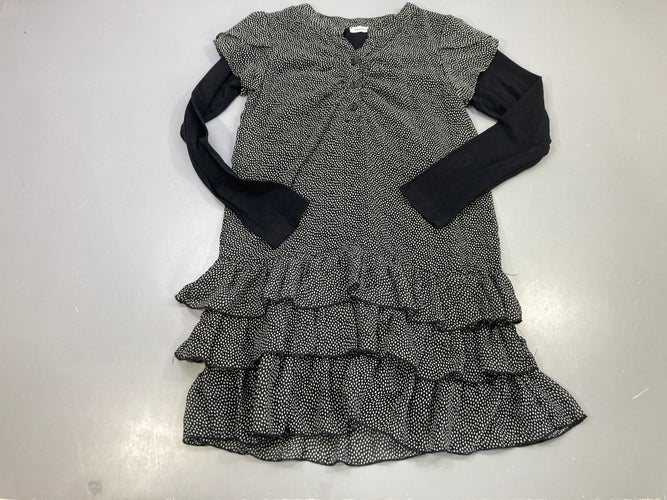 Robe m.l noire à pois blancs, volants étagés Doublée, moins cher chez Petit Kiwi