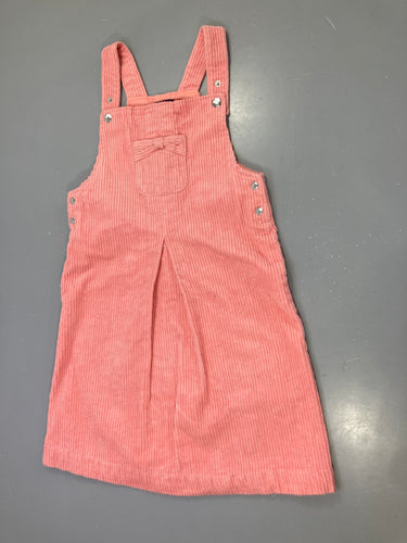 Robe salopette velours côtelé rose, noeud poche, très légère tache poche, moins cher chez Petit Kiwi