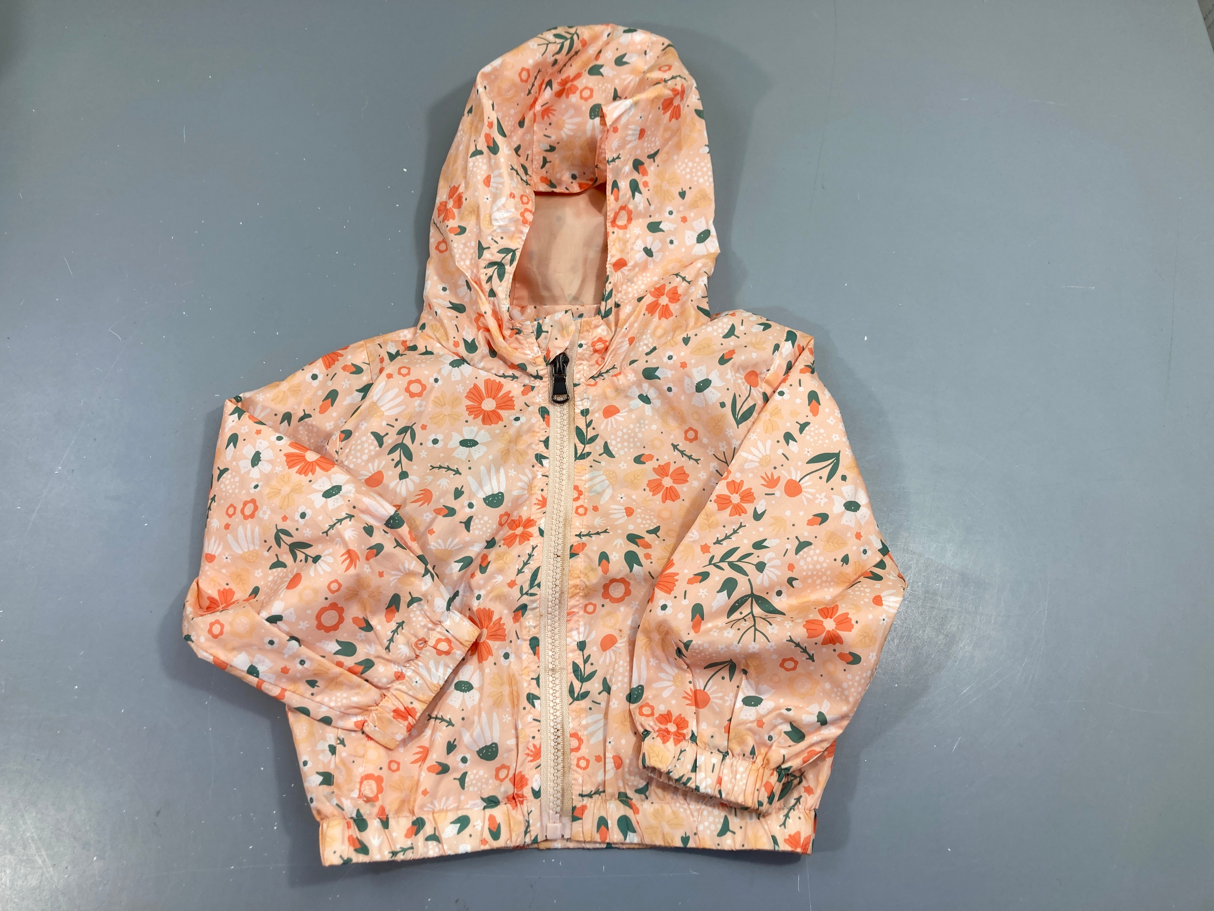 Veste coupe-vent à capuche tons pêche et orange avec fleurs