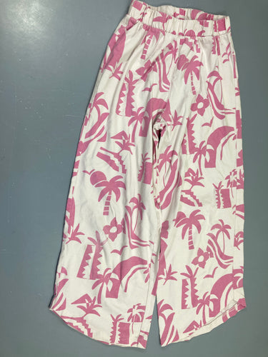 Pantalon jersey blanc motifs rose, moins cher chez Petit Kiwi