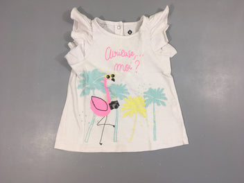 T-shirt m.c blanc flamand rose froufrous, légèrement bouloché
